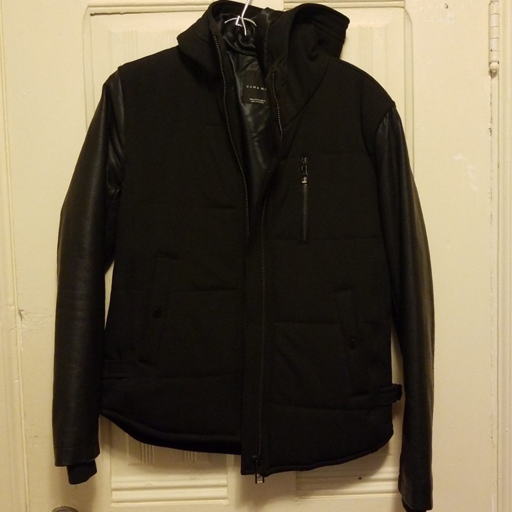 Zara hooded jacket with faux leather sleeve